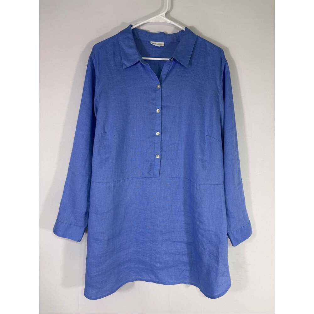 J Jill Love Linen Petite Blue 100% Linen Tunic Top Roll Tab Sleeve Size XLP 1209 - Picture 2 of 9
